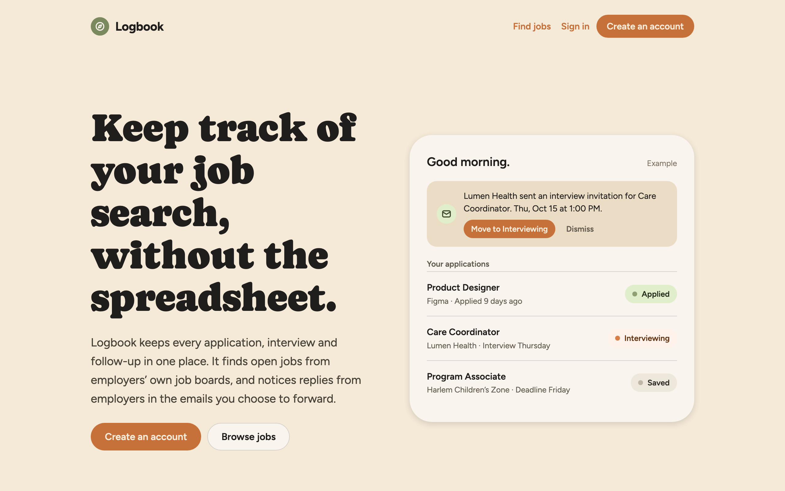 The Logbook home page: the headline “Keep track of your job search, without the spreadsheet,” beside an example of an interview invitation and a list of applications marked Applied, Interviewing and Saved.