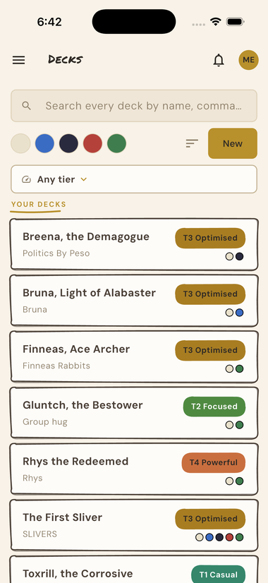 The Commander Index deck list, showing decks with their power tiers.